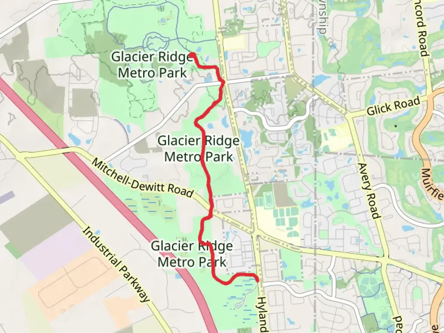 An image depicting the trail Glacier Ridge Metro Park via Ironweed Trail and its surrounding area.