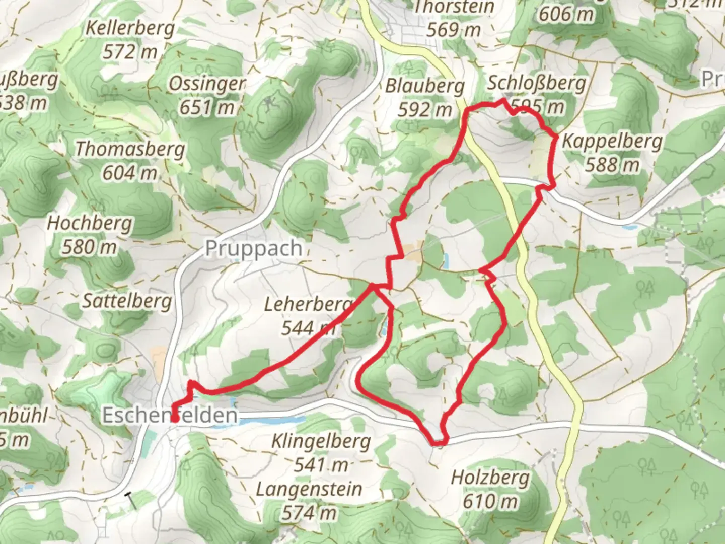 An image depicting the trail Ossinger Breitenstein and Eschenfelden Rundweg and its surrounding area.