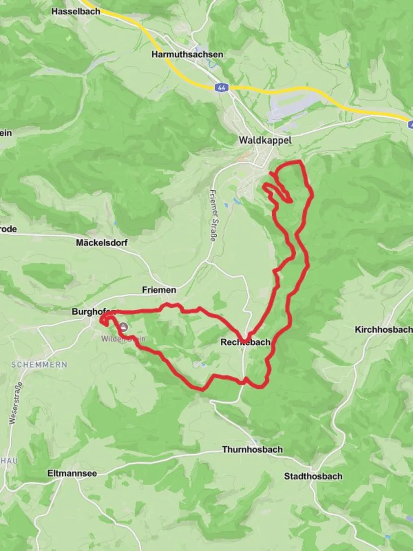 An image depicting the trail Waldkappel Loop via Ameisenberg and Burghofen and its surrounding area.