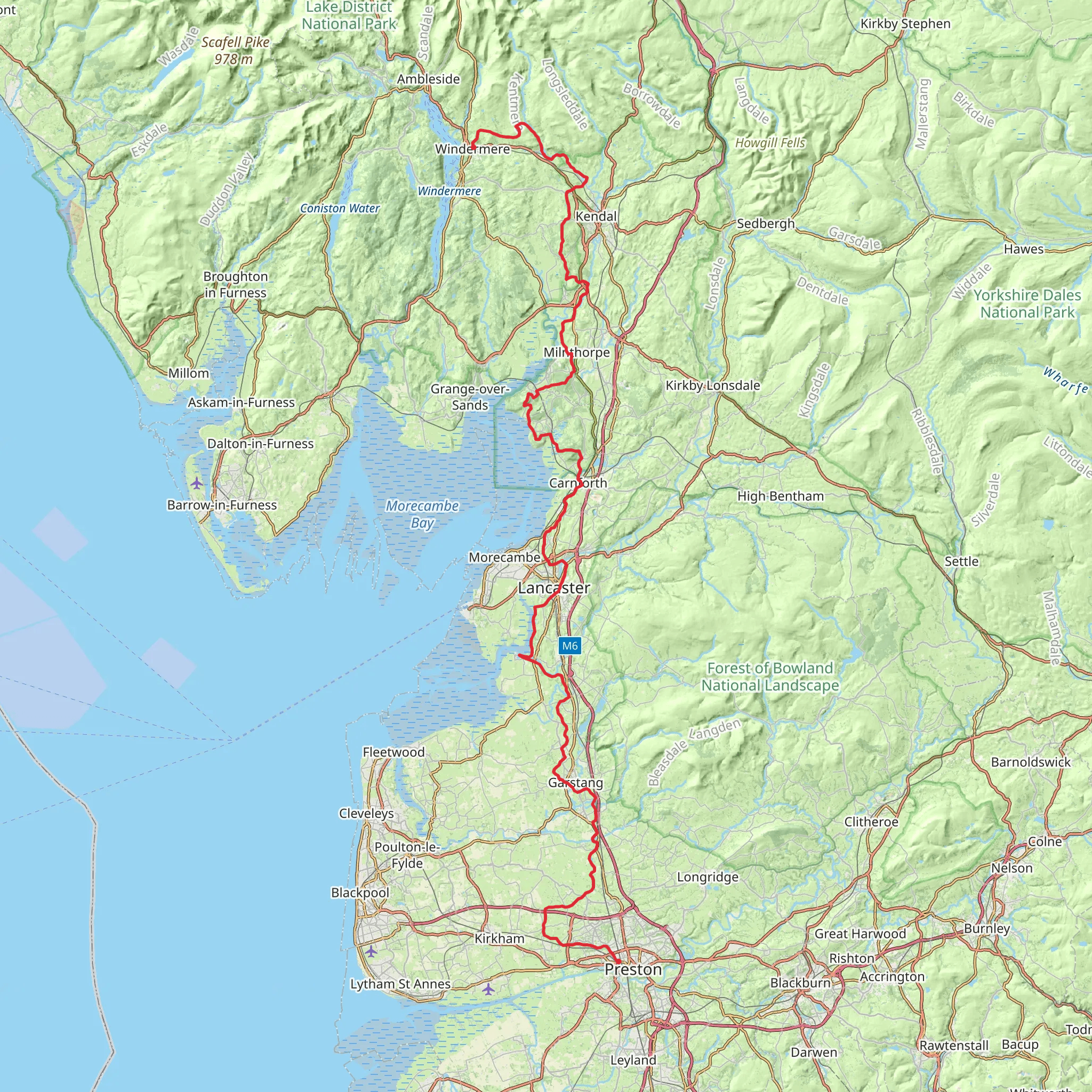 Lancashire Walk from Preston to Windermere mobile static map