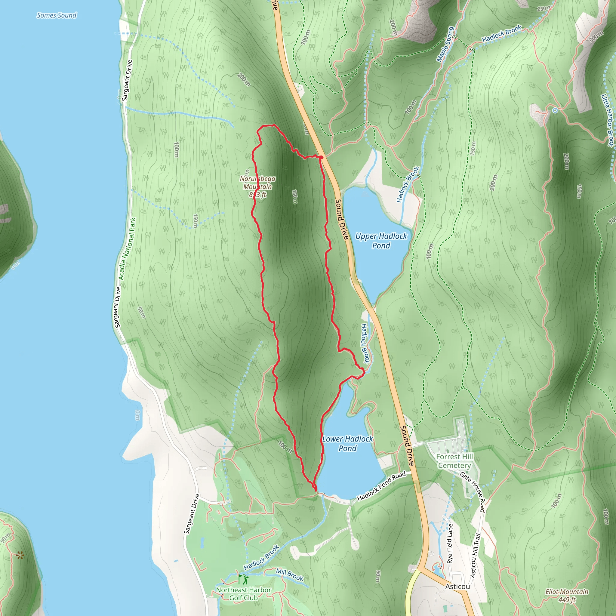 Norumbega Mountain Lower Hadlock Pond Loop mobile static map