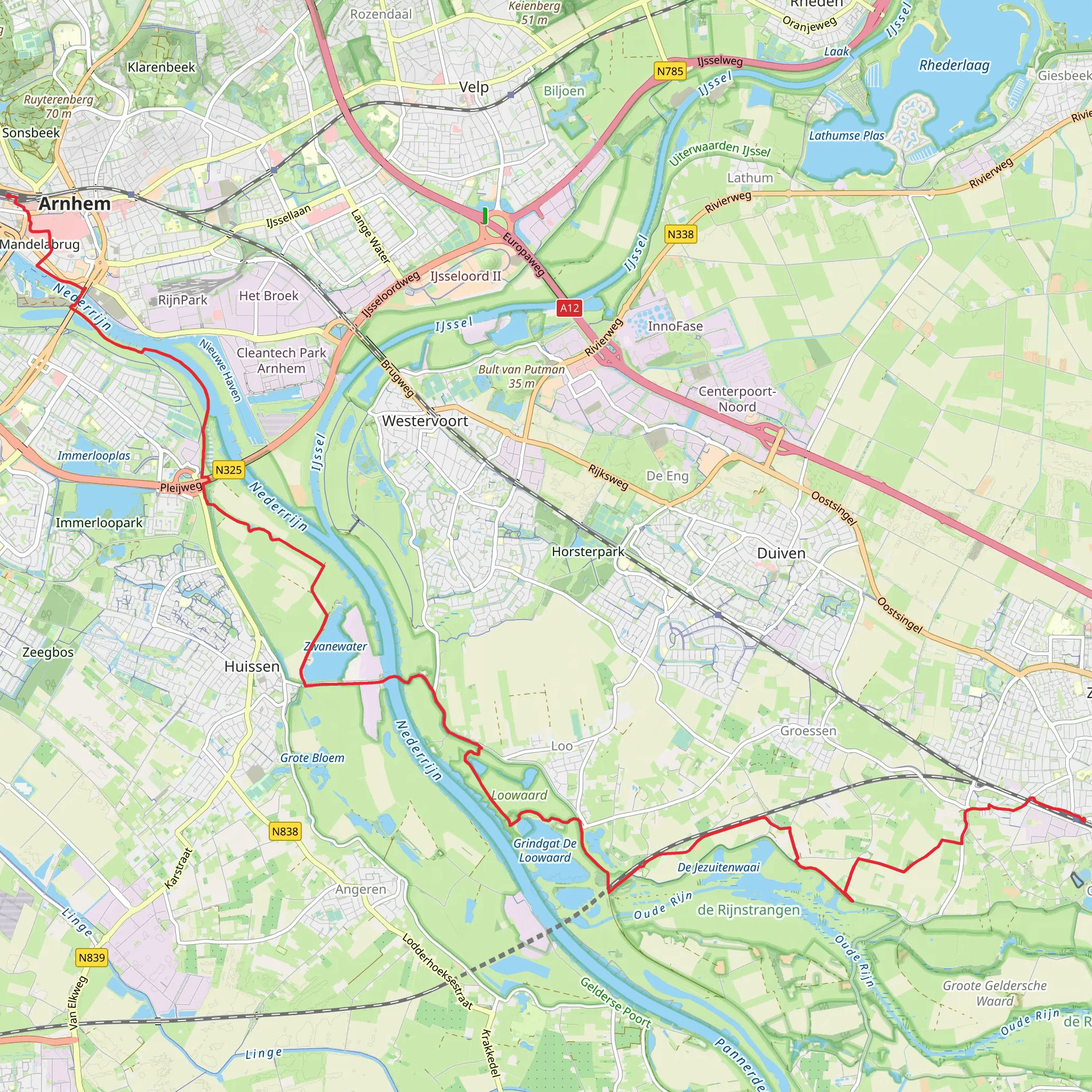 Arnhem Centraal to Zevenaar via Zwanewater and John Frostbrug mobile static map