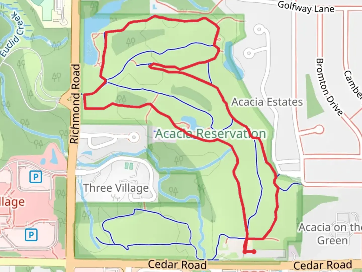 An image depicting the trail Woodpecker and Many Oaks Loop and its surrounding area.