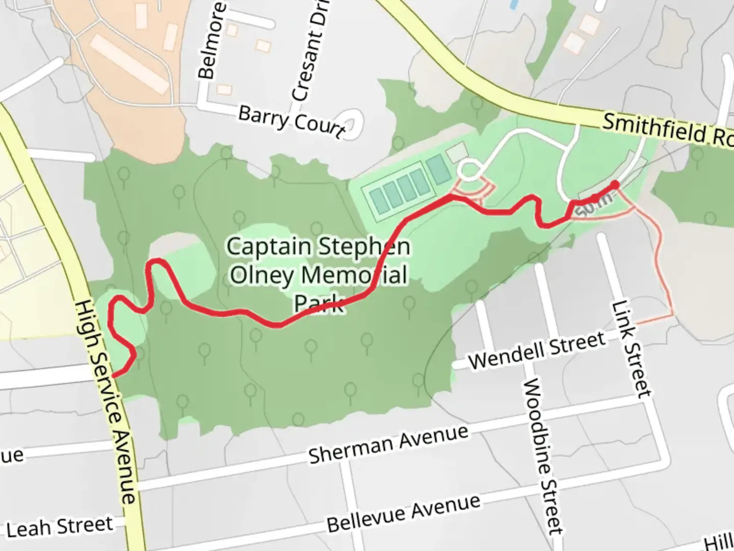 An image depicting the trail Captain Stephen Olney Memorial Park and its surrounding area.
