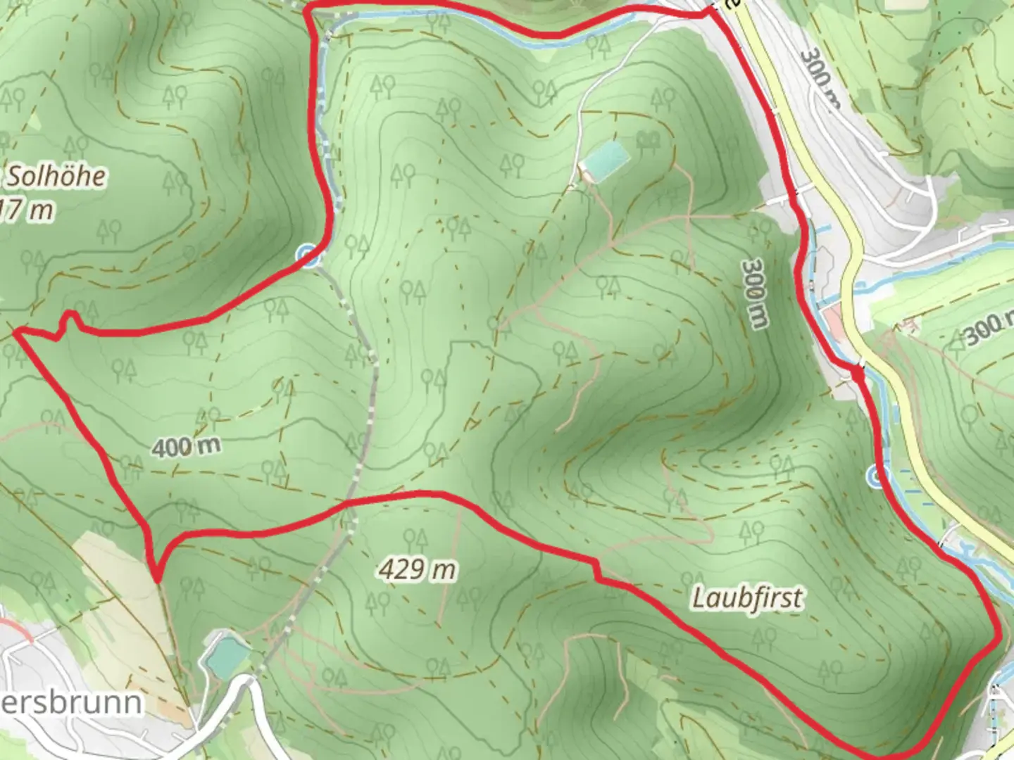 An image depicting the trail Kulturweg Mespelbrunn and Spessartweg and its surrounding area.