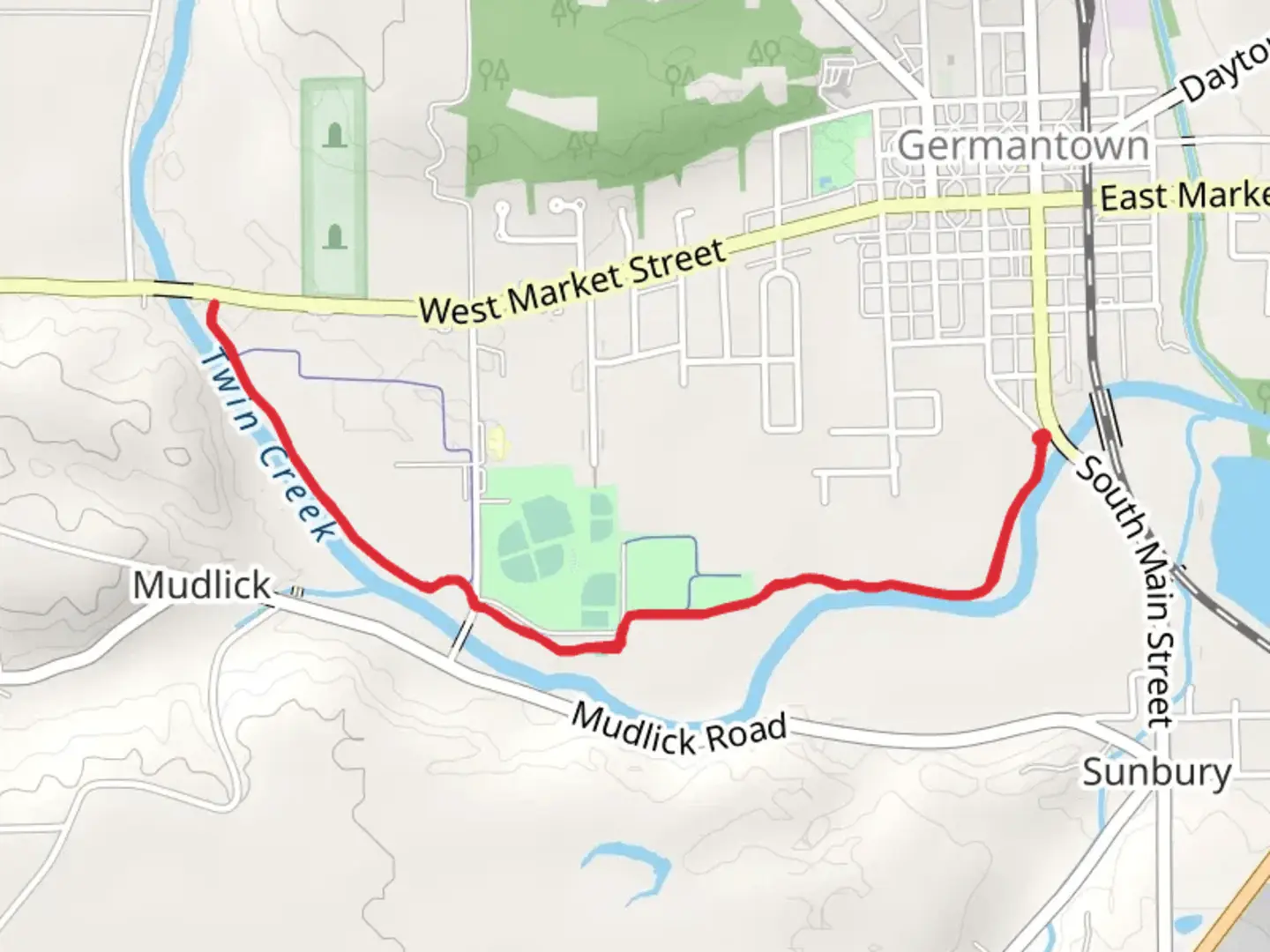 An image depicting the trail Twin Creek and Kercher Community Park and its surrounding area.