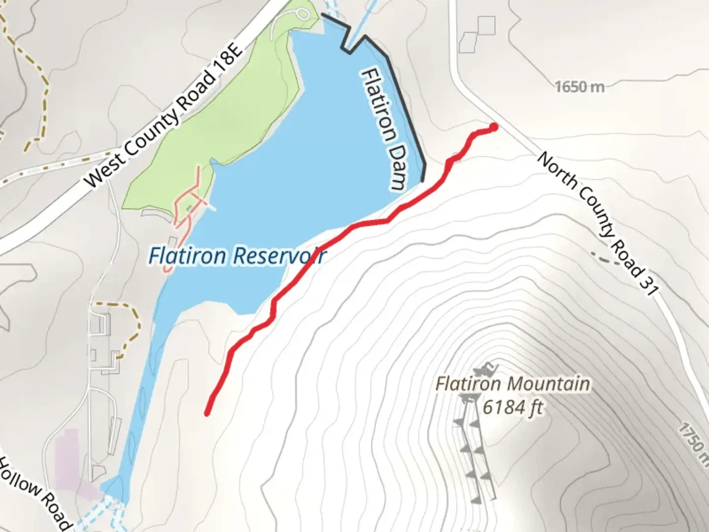 An image depicting the trail Flatiron Reservoir and its surrounding area.
