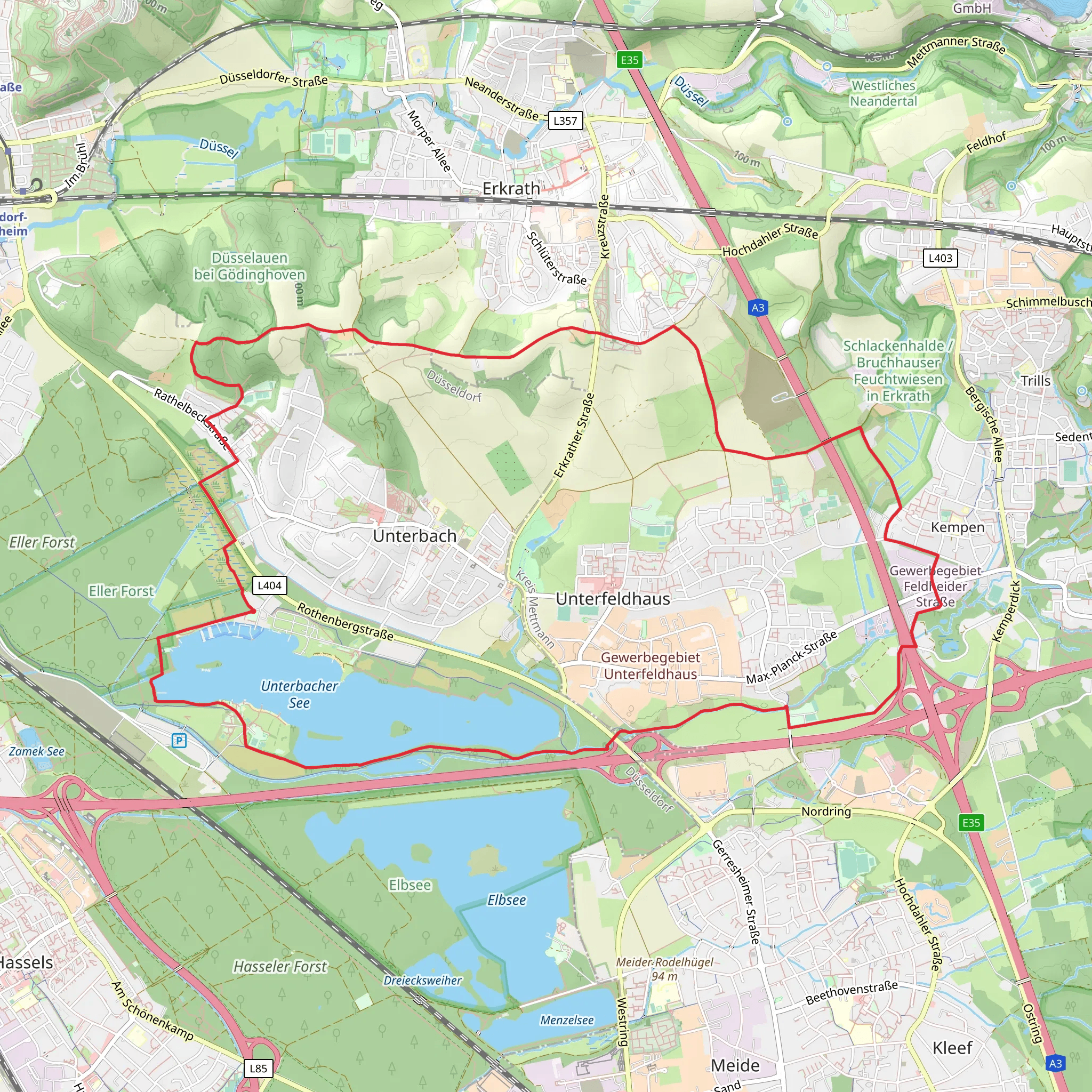 Unterbacher See via Kikweg, Roemerweg and Struecker Weg mobile static map