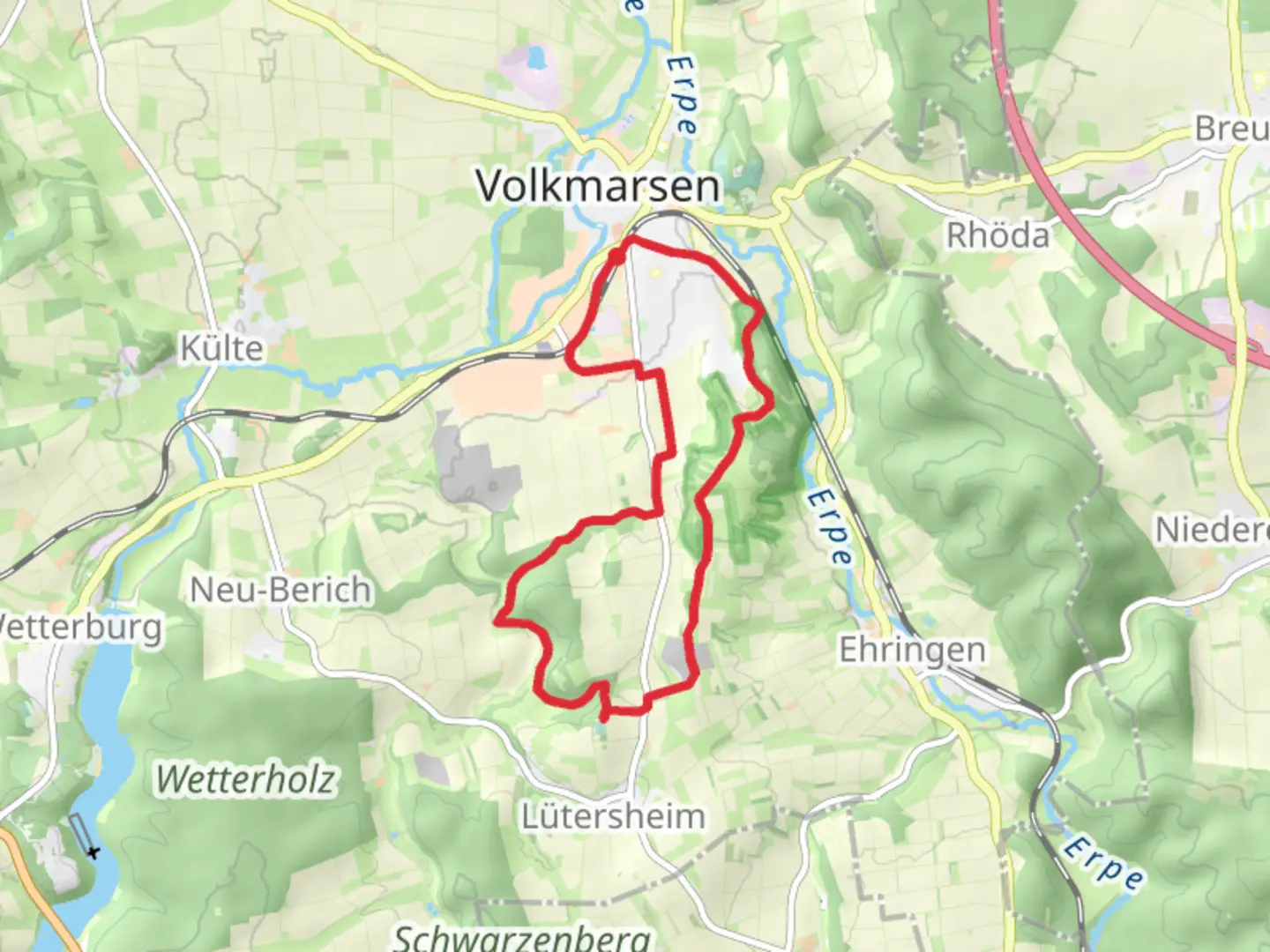 An image depicting the trail Hollenkammer via Volkmarsen and its surrounding area.