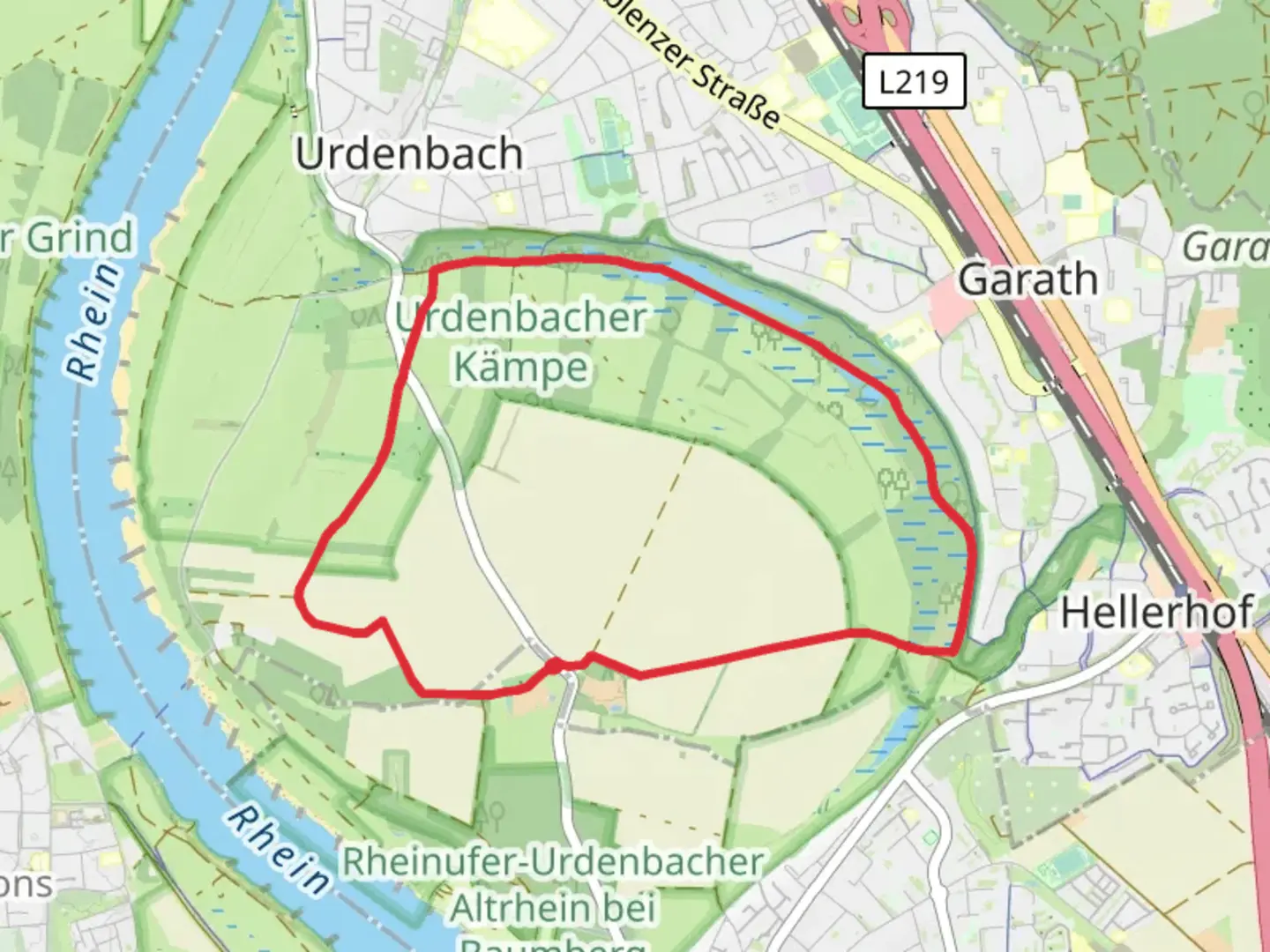 An image depicting the trail Duesseldorfer Weg and Rund um Monheim Loop and its surrounding area.