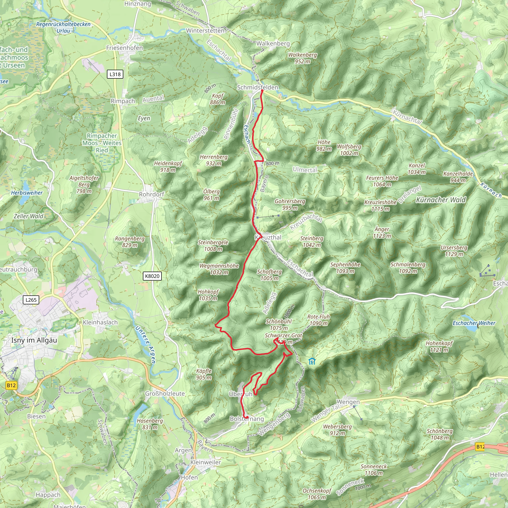 Bolsternang to Schmidsfelden via Glasmacherweg mobile static map