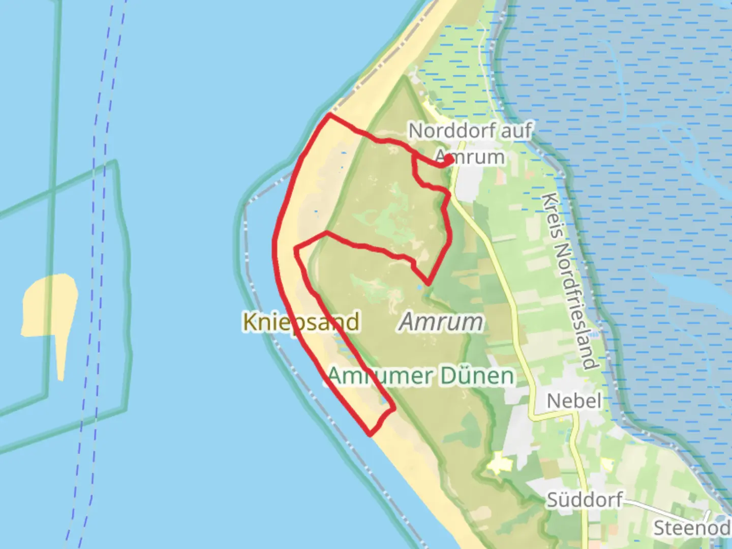 An image depicting the trail NSG Amrumer and Kniepsand Loop via Quermarkenfeuer and its surrounding area.