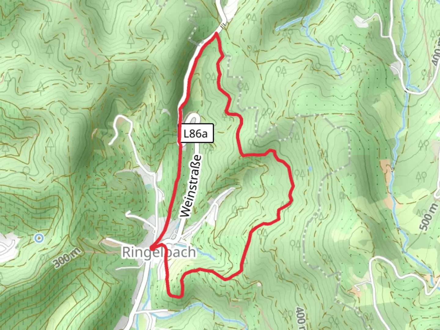 An image depicting the trail Ringelbach Loop via Ringelbacher Keschdeweg and its surrounding area.