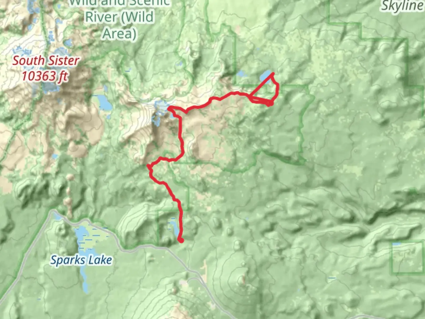 An image depicting the trail Broken Hand and No Name Lake via Broken Top Trail and its surrounding area.