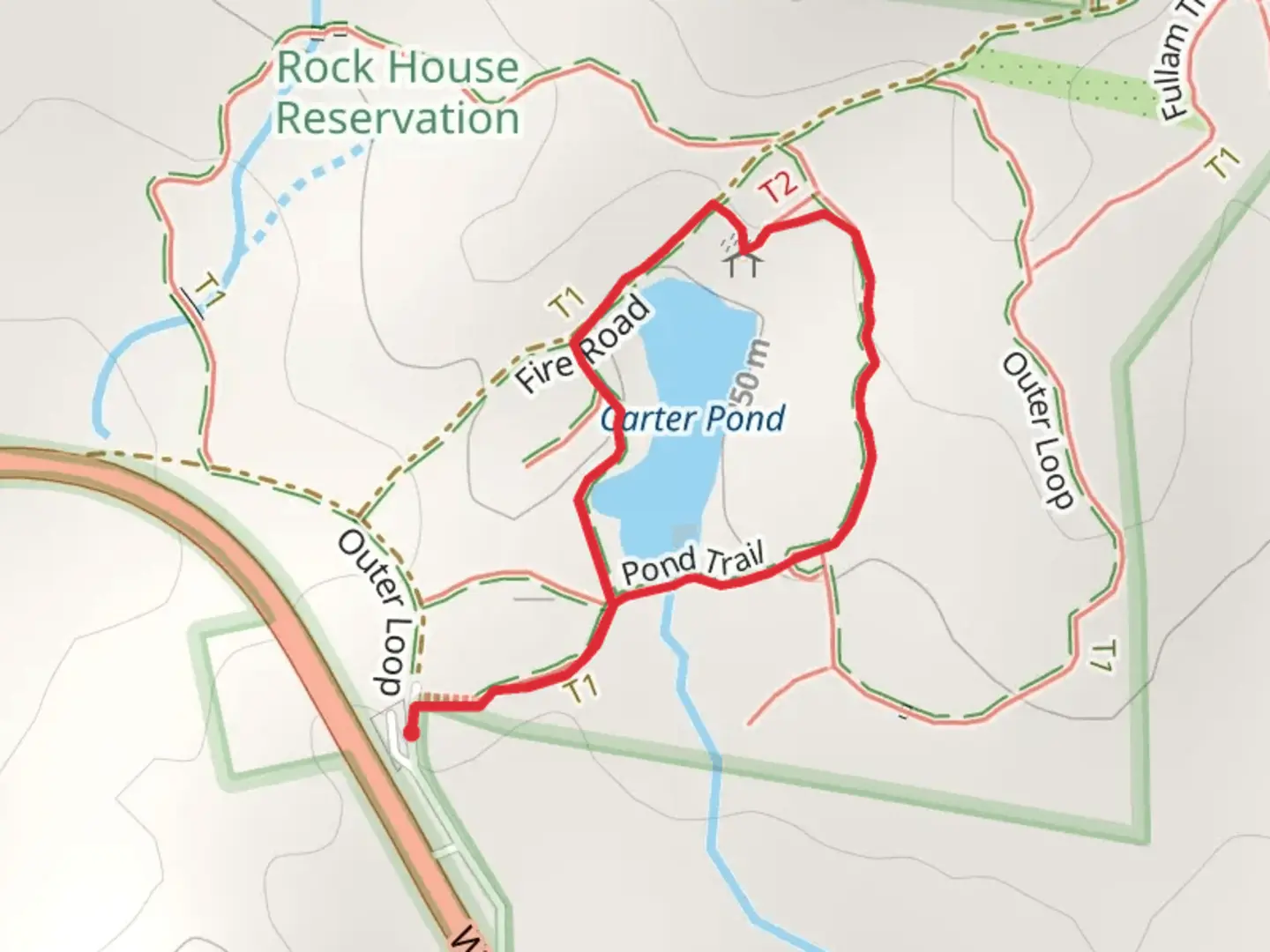 An image depicting the trail Carter Pond via Fire Road and Inner Loop Trail and its surrounding area.