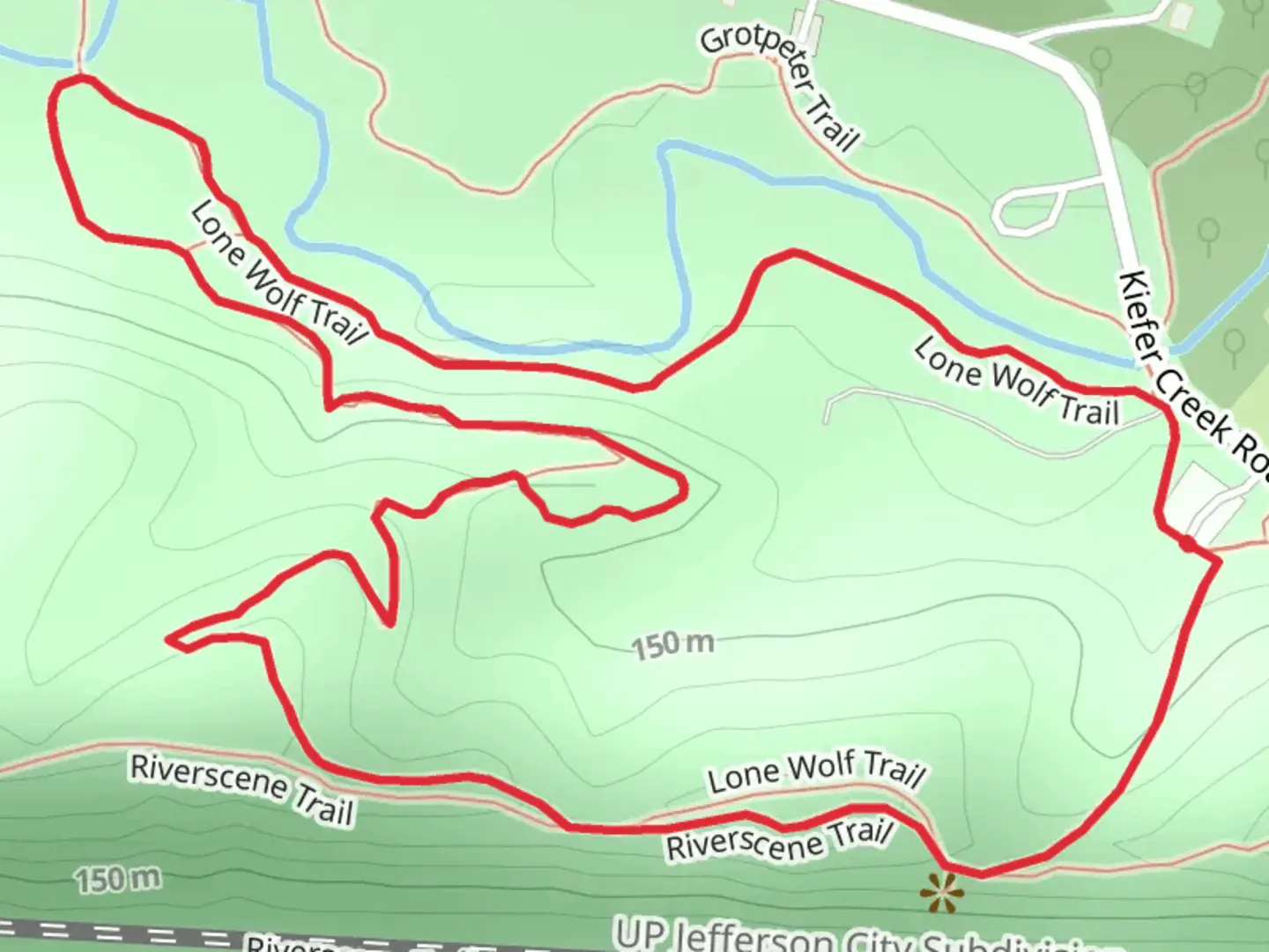 An image depicting the trail Kiefer Creek - Lone Wolf Loop Trail and its surrounding area.