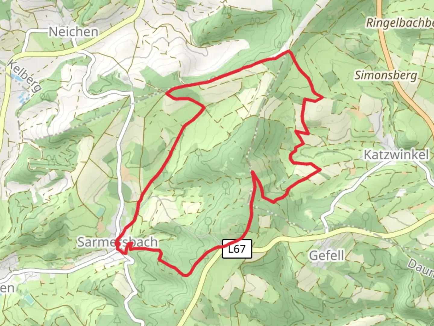 An image depicting the trail Auf Schloscheid, Hohlenseifen and Afelskreuz Loop - Sarmersbach and its surrounding area.