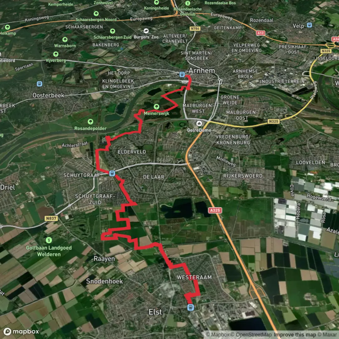 An image depicting the trail Elst to Central Arnhem via Zuidelijke Plas and Percksepad and its surrounding area.