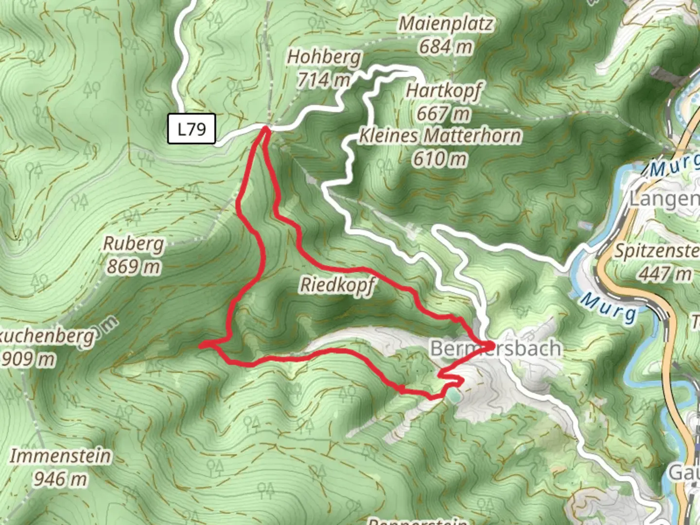 An image depicting the trail Gluecksweg and Riedkopfrundweg and its surrounding area.