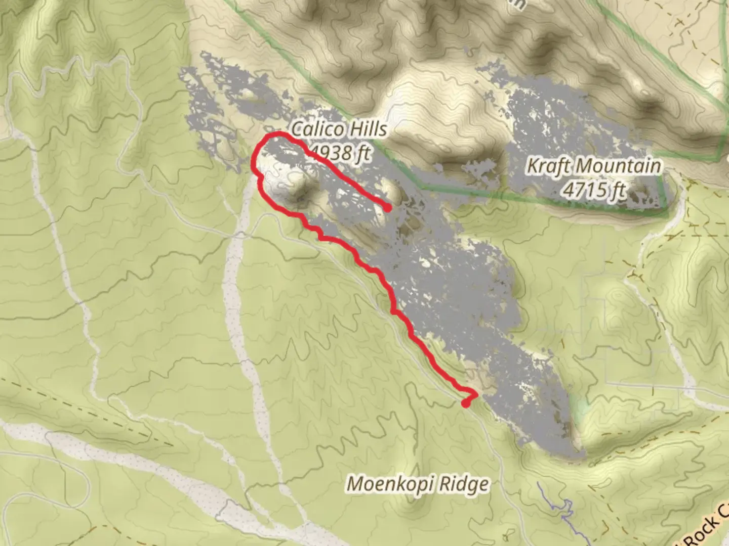 An image depicting the trail Calico Hills Trail and its surrounding area.