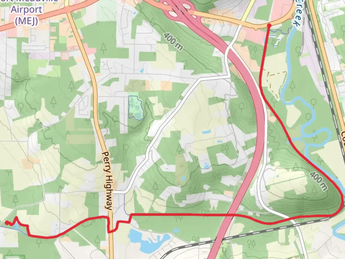 An image depicting the trail Kerrtown to Watson Run via Ernst Trail and its surrounding area.