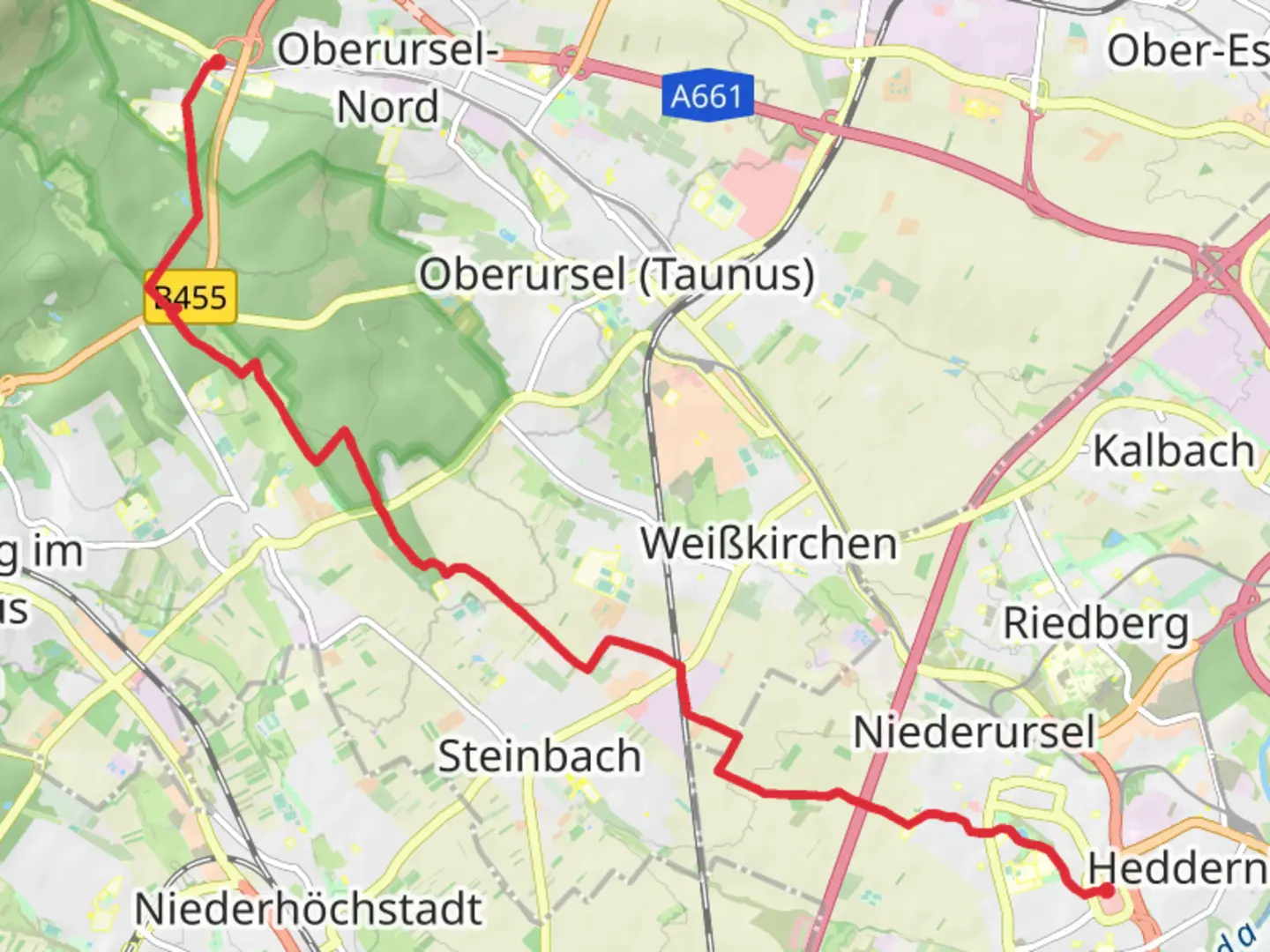 An image depicting the trail Nordwestzentrum to Hohemark via Taunusklub Route and Elisabethpfad and its surrounding area.