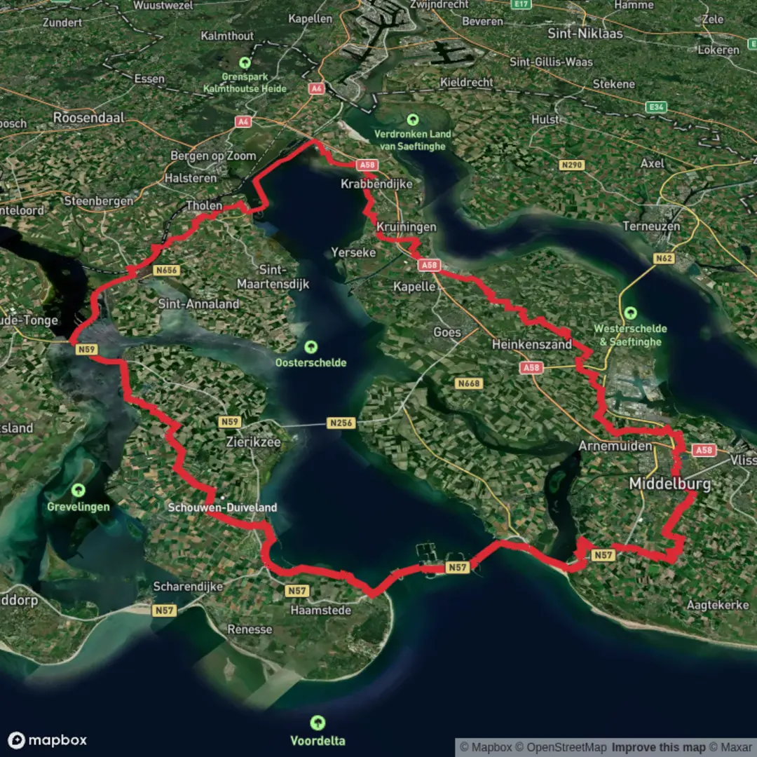 An image depicting the trail Oosterscheldepad and Zandvoortseweg Loop and its surrounding area.