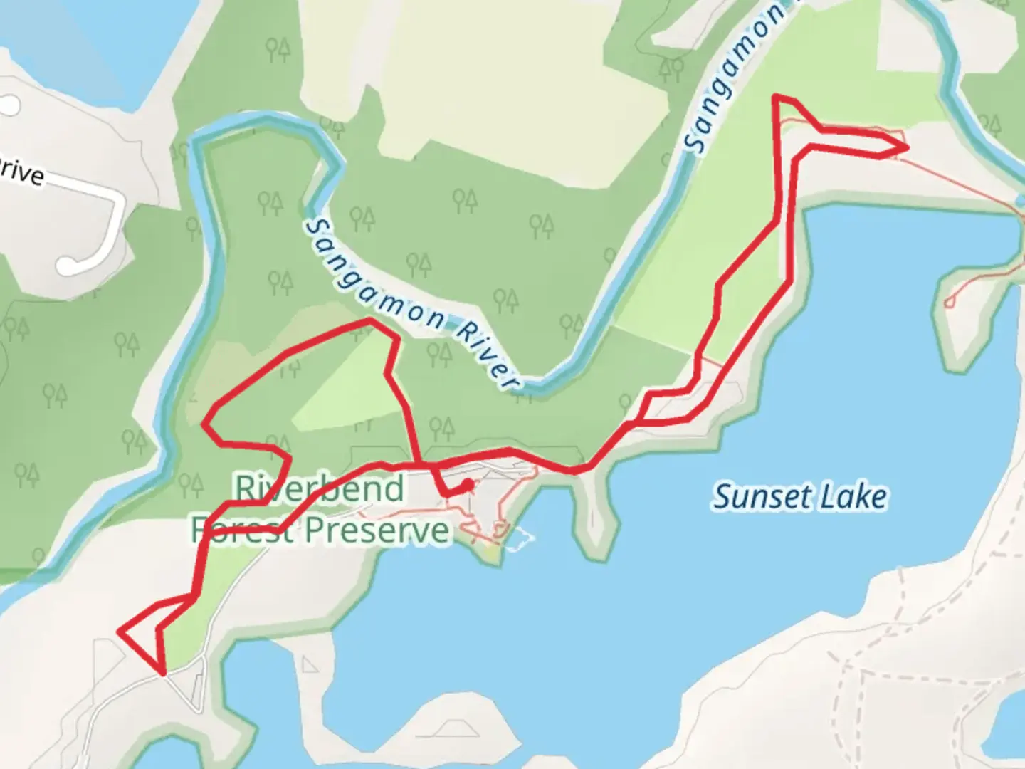 An image depicting the trail Sangamon River and Sunset Lake Loop and its surrounding area.