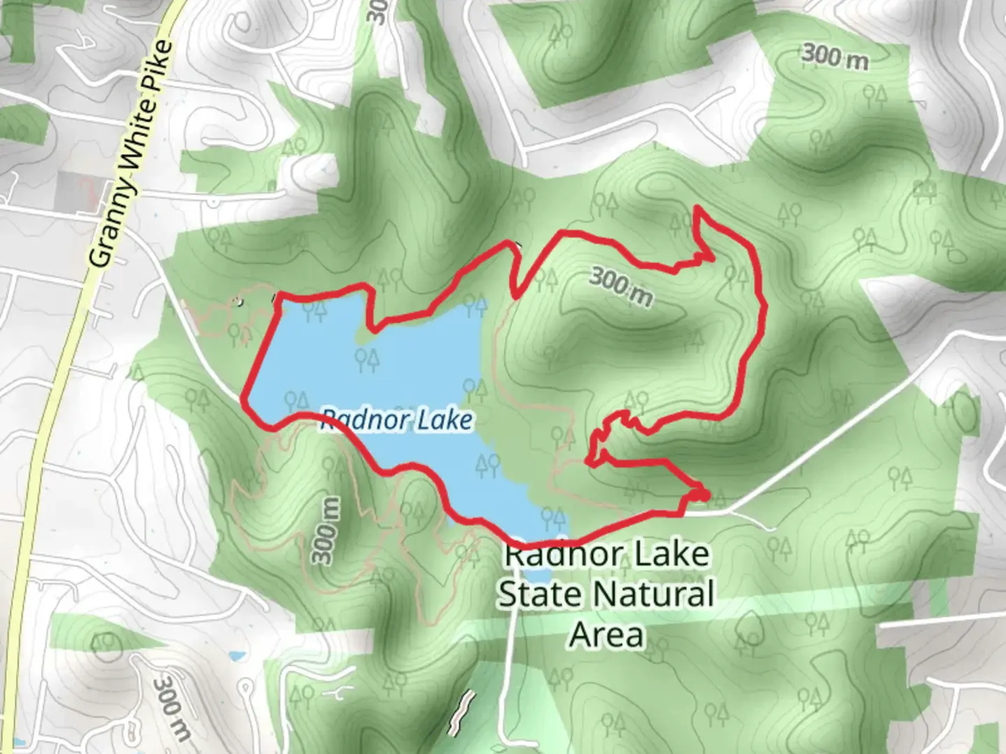 An image depicting the trail Radnor Lake Loop via Ganier Ridge Trail and its surrounding area.