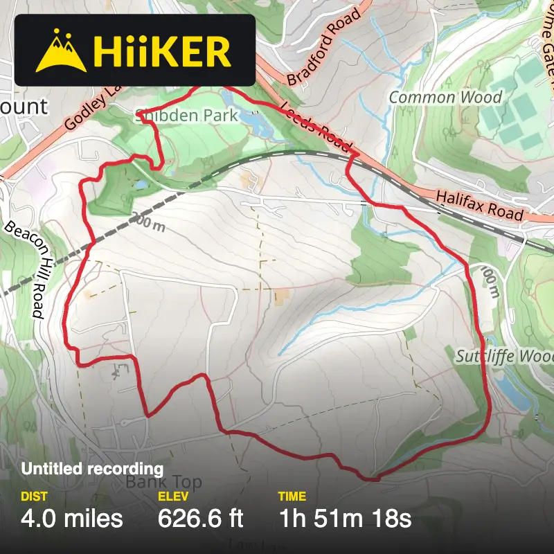 A map preview of the recording Shibden Park, Sunny bank wood,Beacon hill.