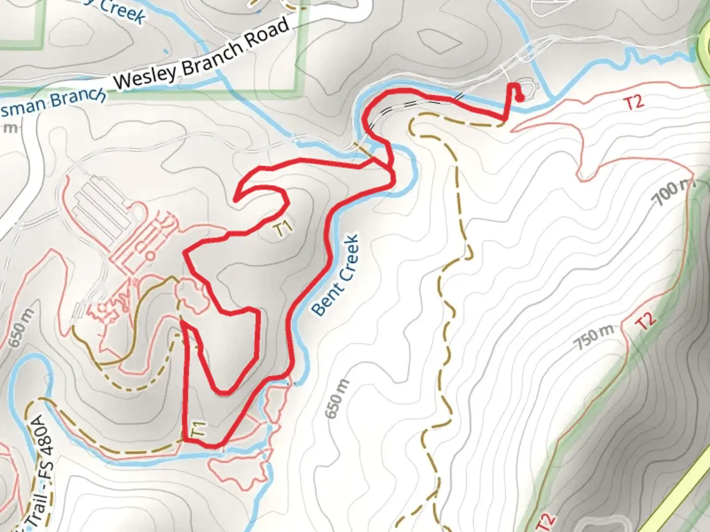 An image depicting the trail Wesley Branch - Bent Creek Loop TrailLoop and its surrounding area.
