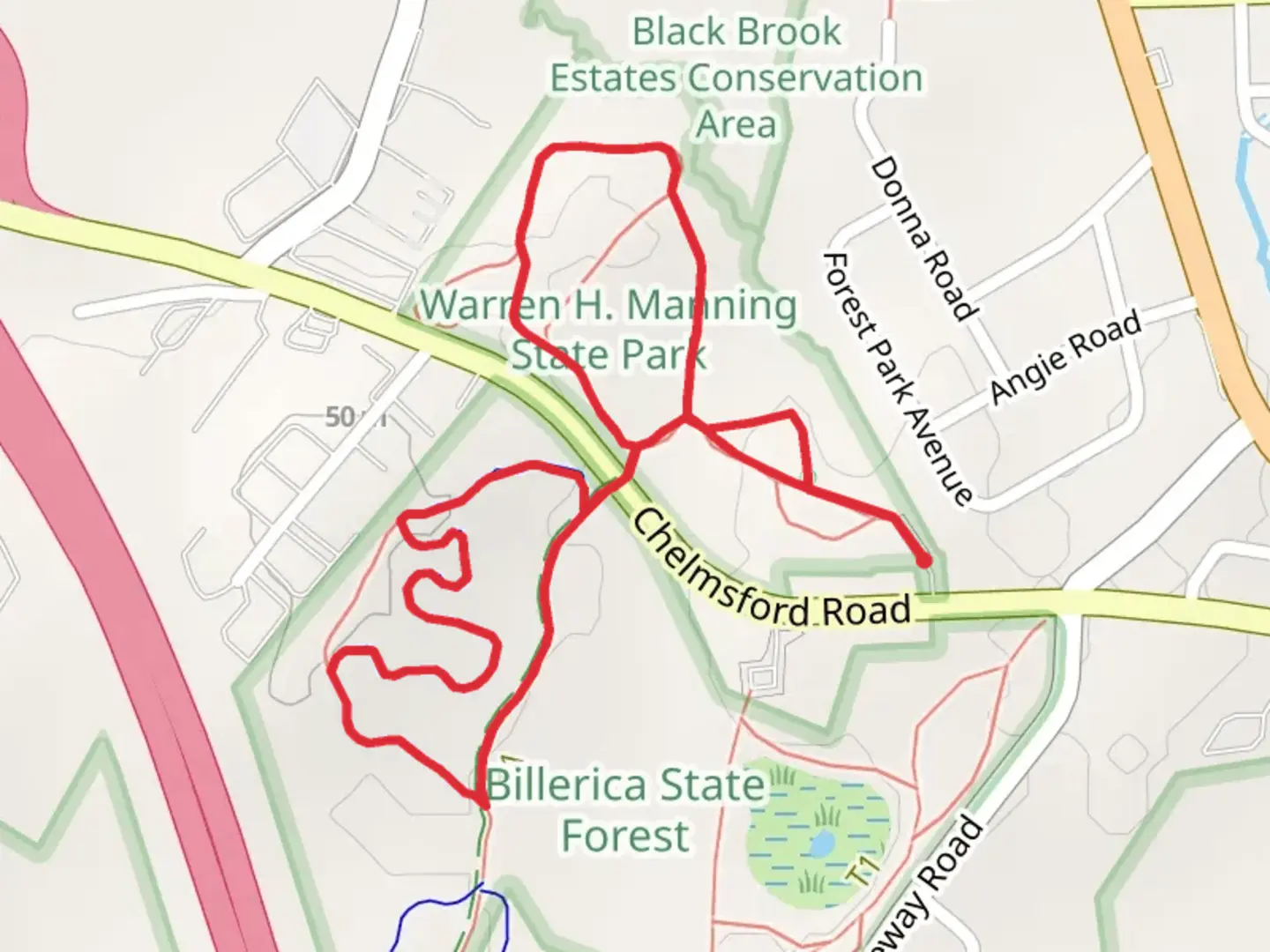 An image depicting the trail Warren H Manning State Park and Flow Rock Flow Loop Trail and its surrounding area.