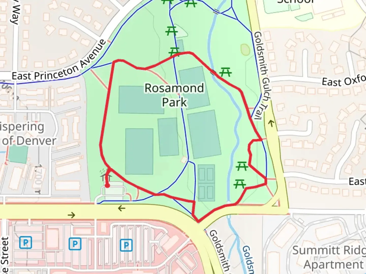 An image depicting the trail Rosamond Park Loop and its surrounding area.