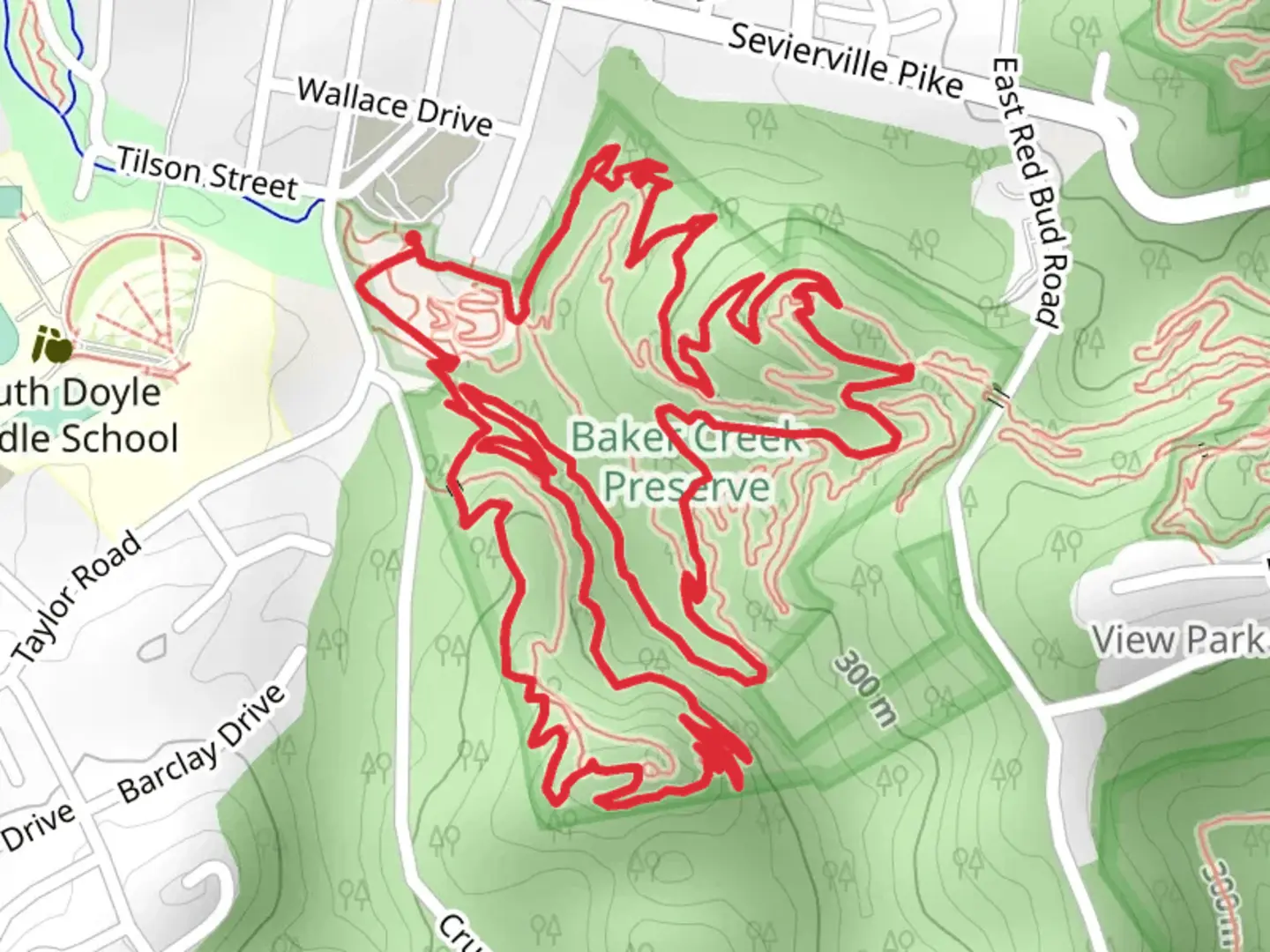 An image depicting the trail Baker Creek Preserve Loop and its surrounding area.