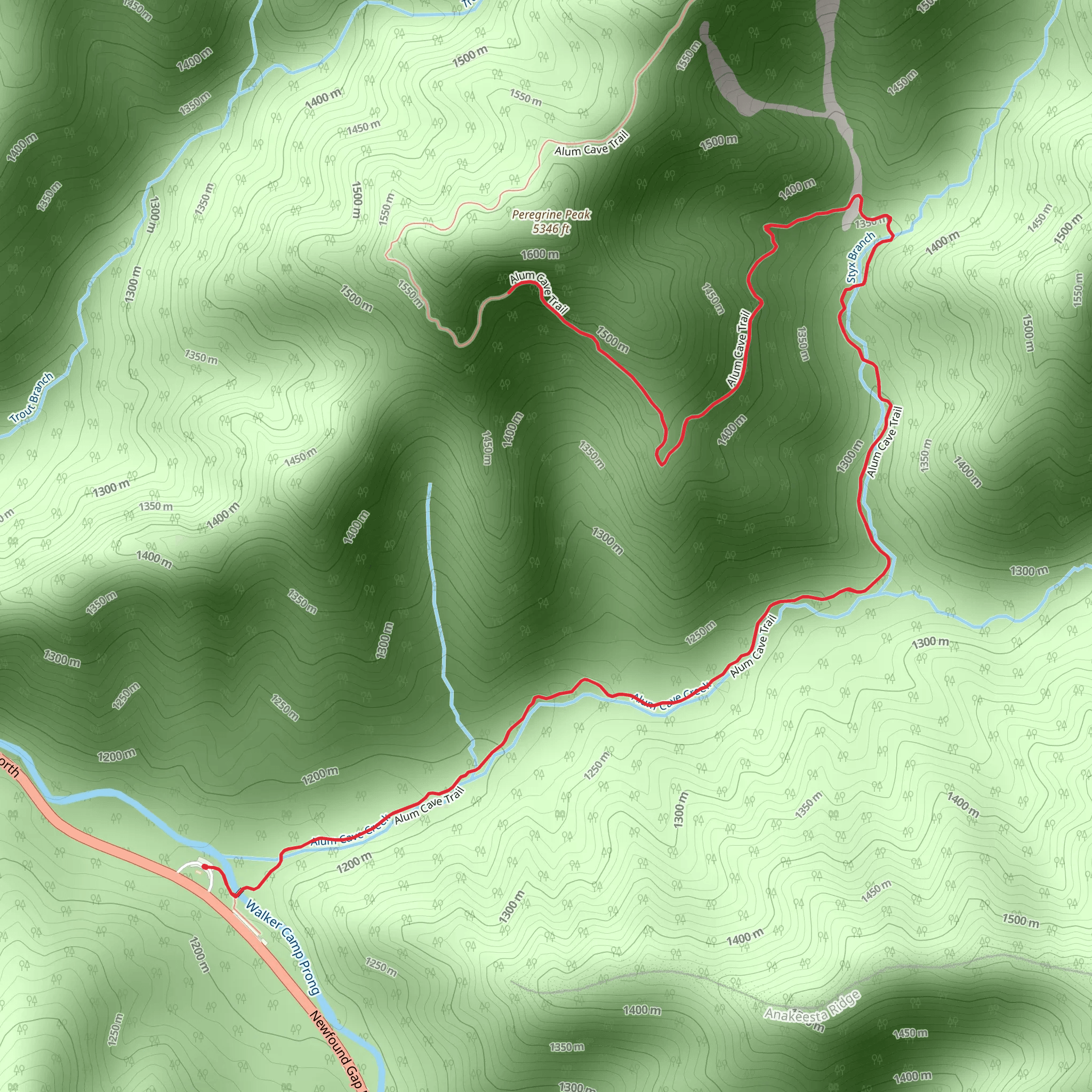 Peregrine Peak via Alum Cave Trail mobile static map