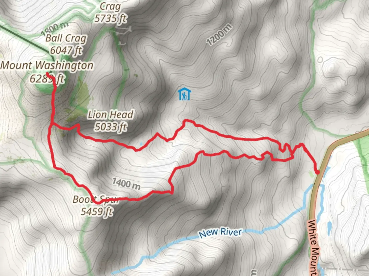 An image depicting the trail Lion Head - Boott Spur Trail Loop and its surrounding area.