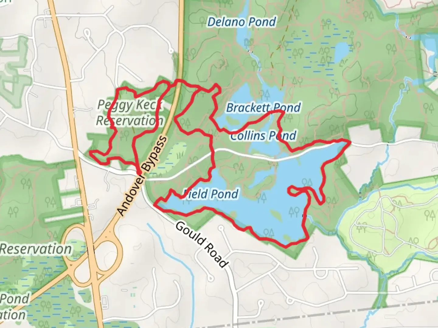 An image depicting the trail Field, Collins and Brackett Pond Loop from Peggy Keck Reservation and its surrounding area.