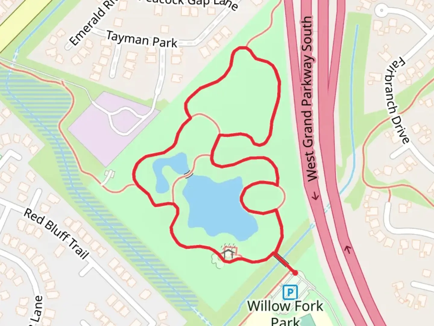 An image depicting the trail Willow Fork Park Loop and its surrounding area.