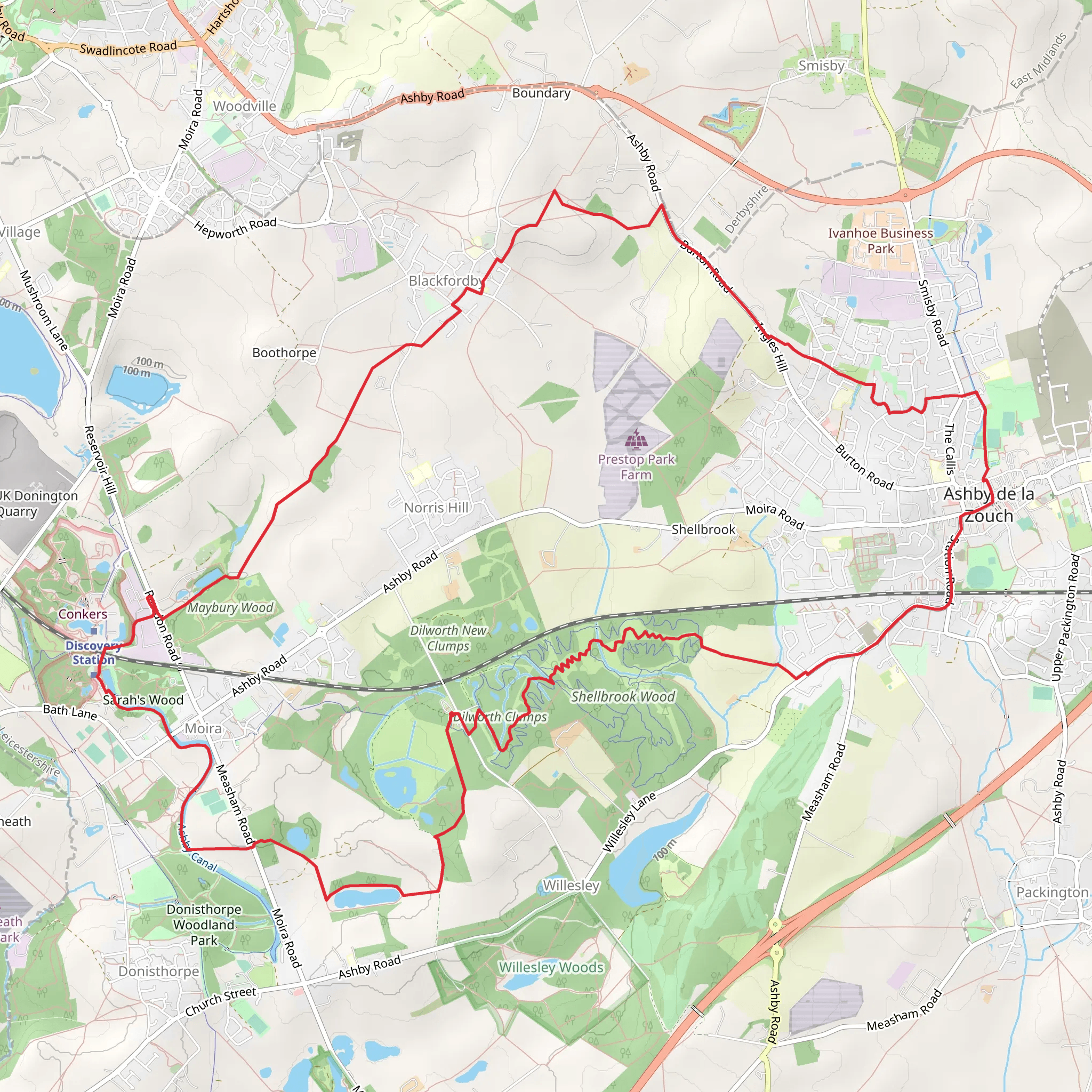 Moira, Ashby de la Zouch and Blackfordby Loop via Bath Yard Canal Basin mobile static map