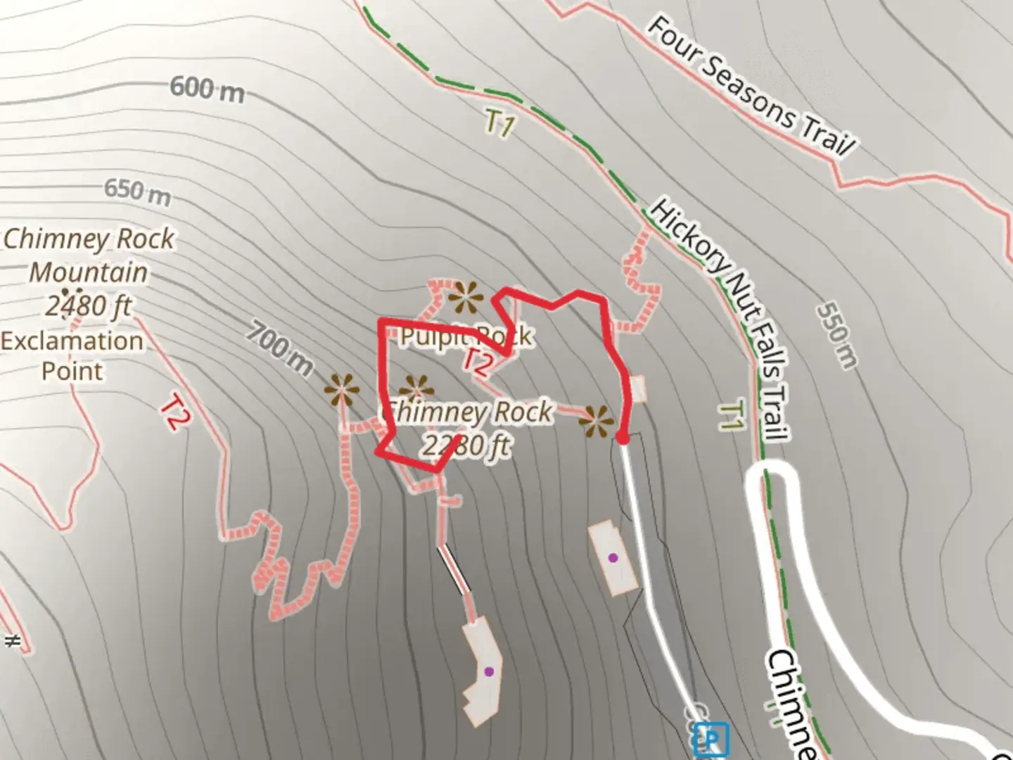 An image depicting the trail Chimney Rock and its surrounding area.