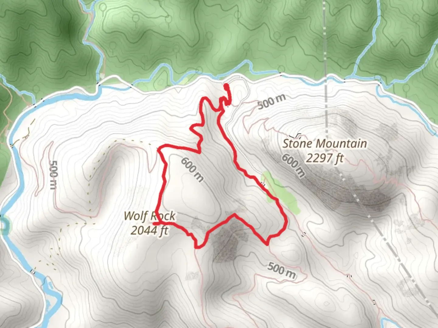 An image depicting the trail Stone Mountain Trail and Wolf Rock Trail and its surrounding area.