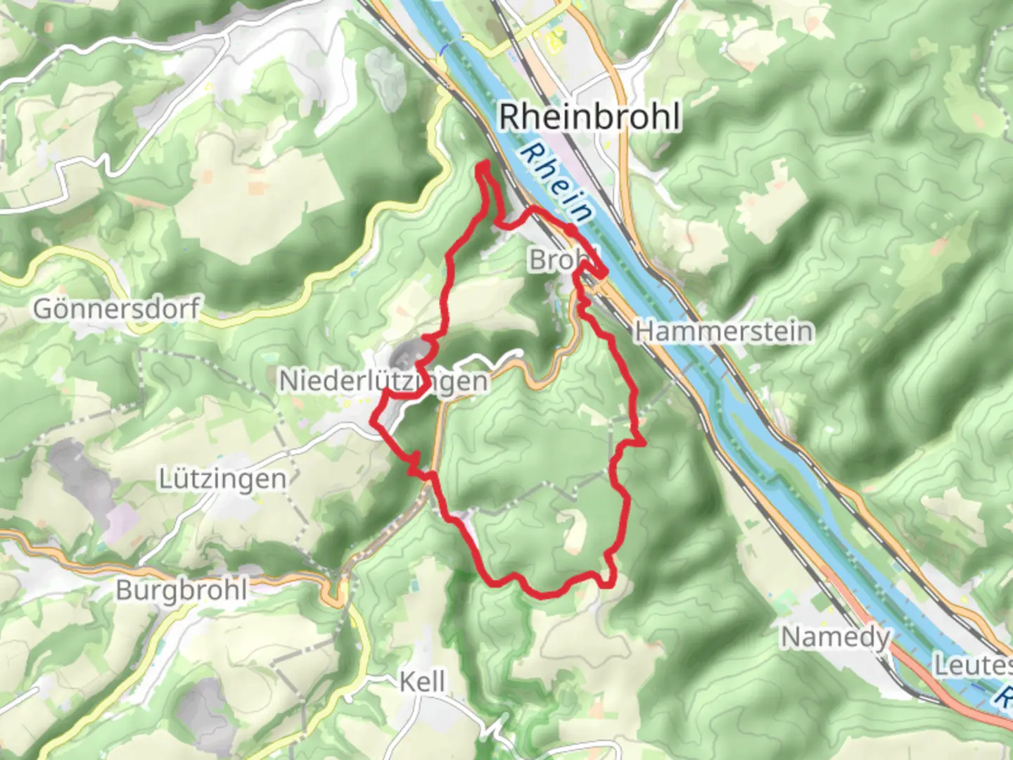 An image depicting the trail Dickberg, Hohe Buche, Schweppenburg and Rheinecker Berg Loop - Brohl and its surrounding area.
