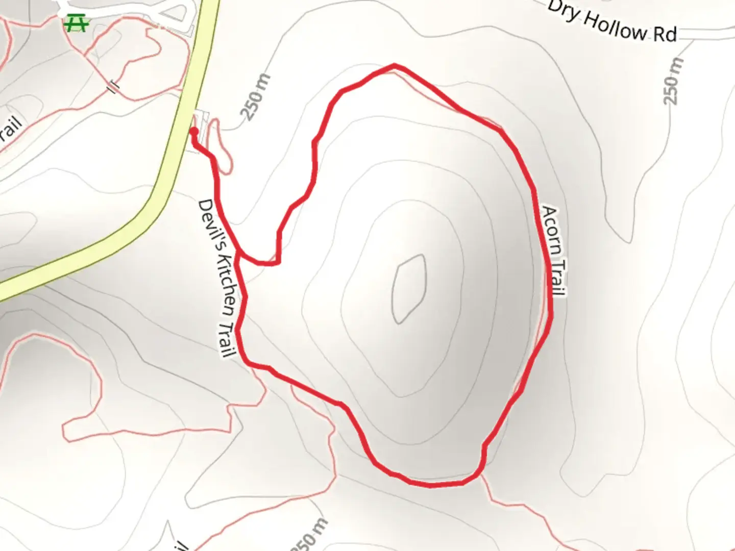 An image depicting the trail Acorn and Devil's Kitchen Loop Trail and its surrounding area.