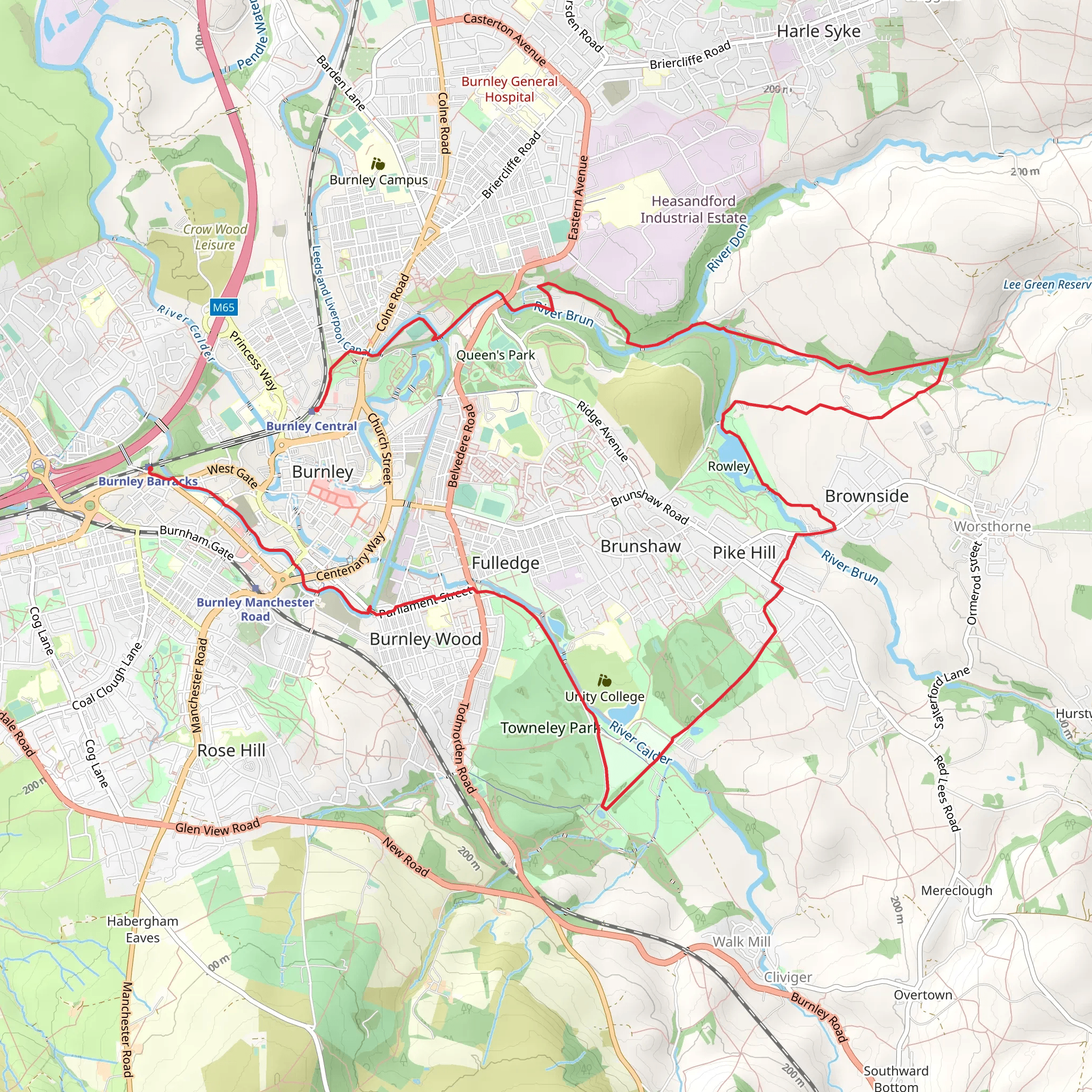 Burnley Central to Burnley Barracks Walk via River Brun mobile static map