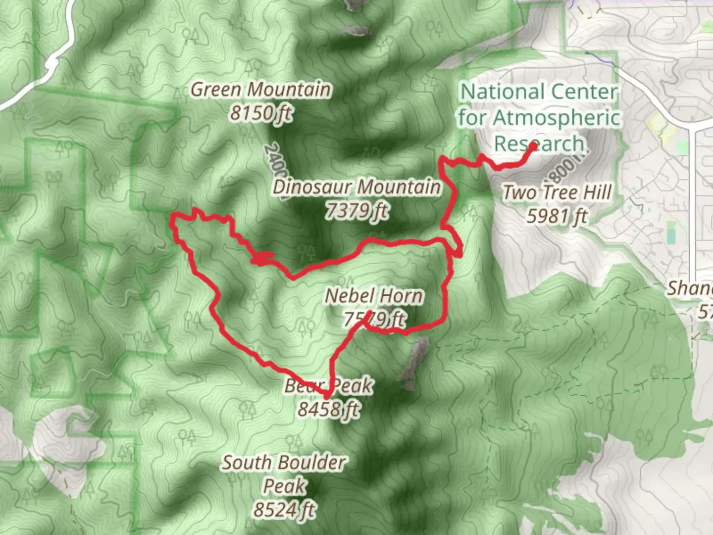 An image depicting the trail Nebel Horn, Bear Peak, Bear Canyon Loop via Mesa Trail and its surrounding area.