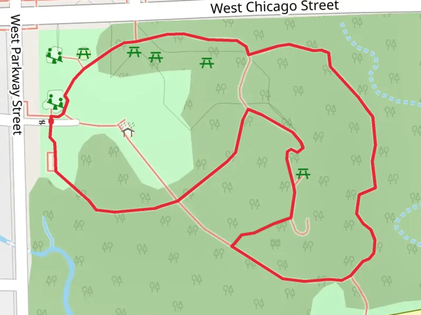 An image depicting the trail West Parkway Street Loop and its surrounding area.