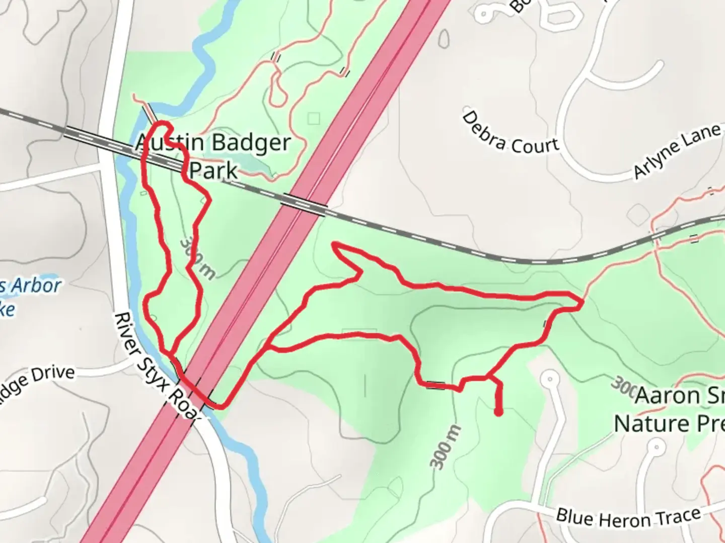 An image depicting the trail Austin Badger Park and Aaron Smith Nature Preserve Loop and its surrounding area.