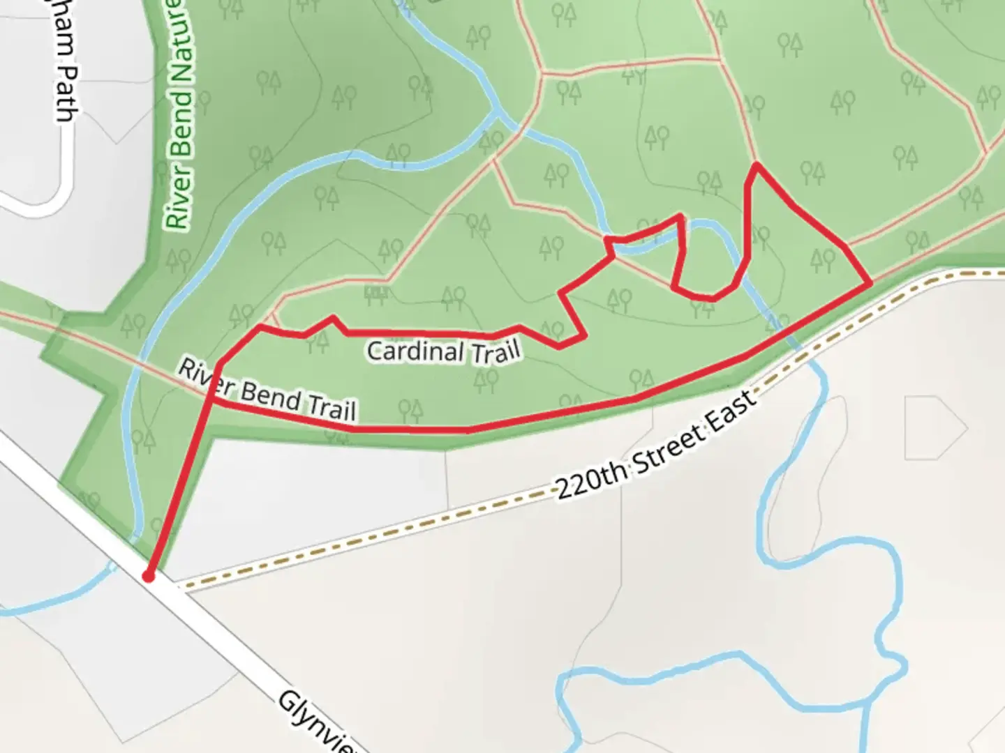An image depicting the trail Cardinal and River Bend Loop Trail and its surrounding area.