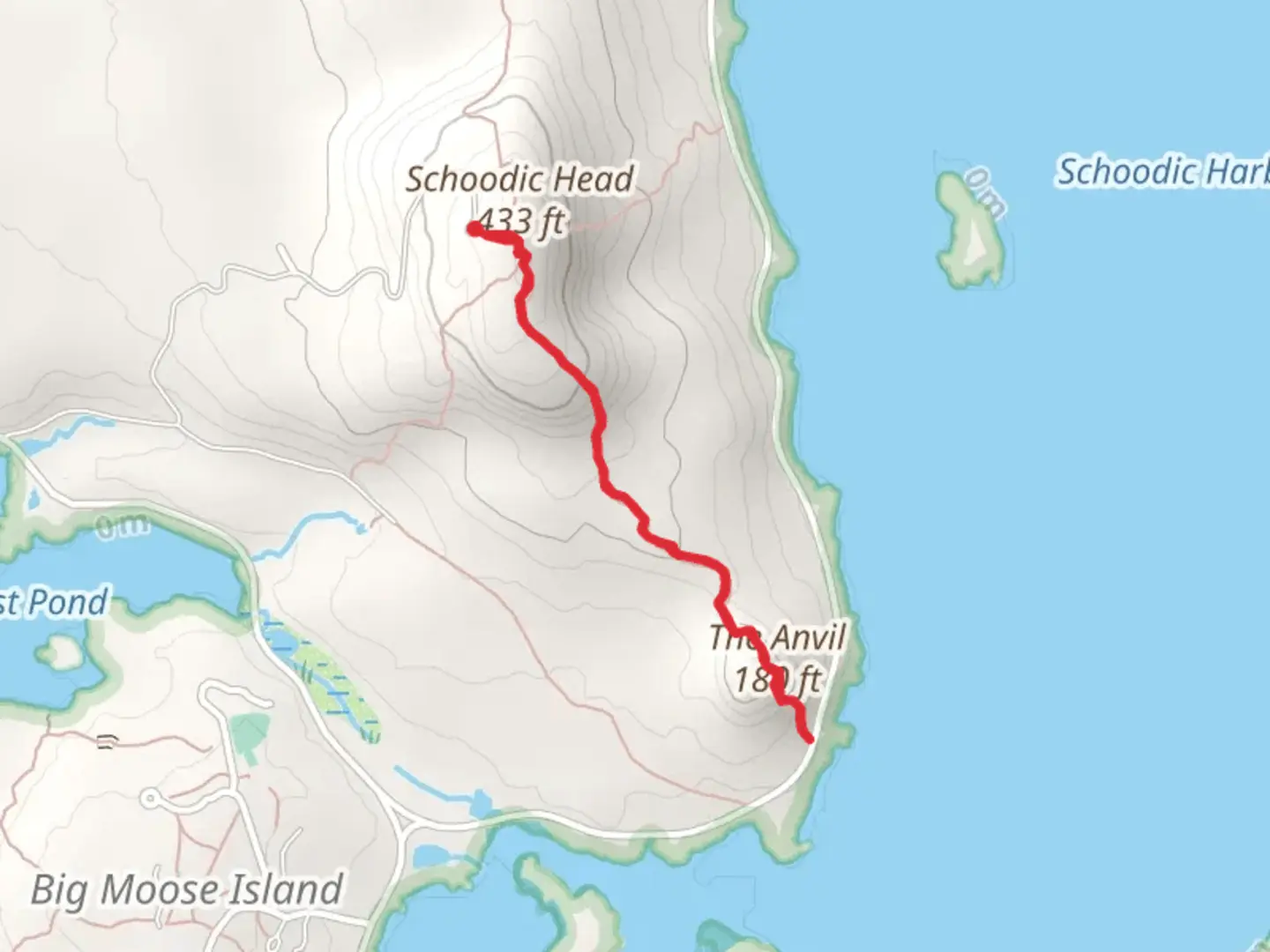 An image depicting the trail The Anvil from Schoodic Head and its surrounding area.