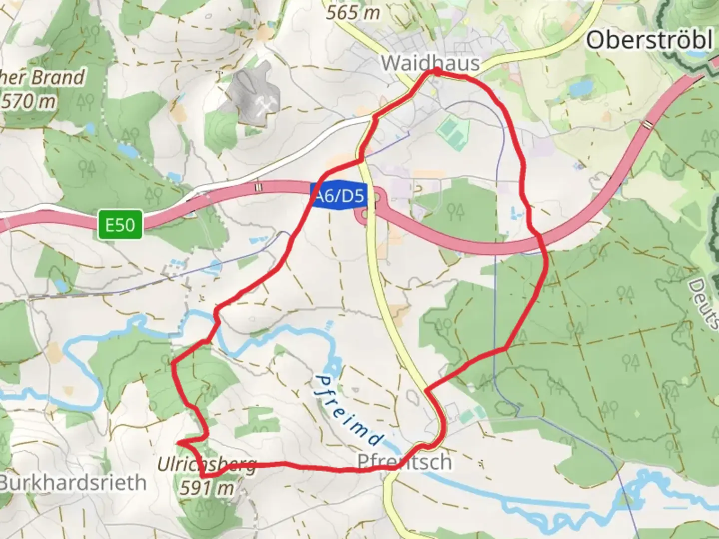 An image depicting the trail Waidhaus - Ulrichsberg and Nurtschweg and its surrounding area.